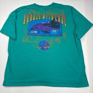 Vintage Ocean Pacific OP Adult XL T-Shirt Teal Handle With Care Dolphin Save Sea